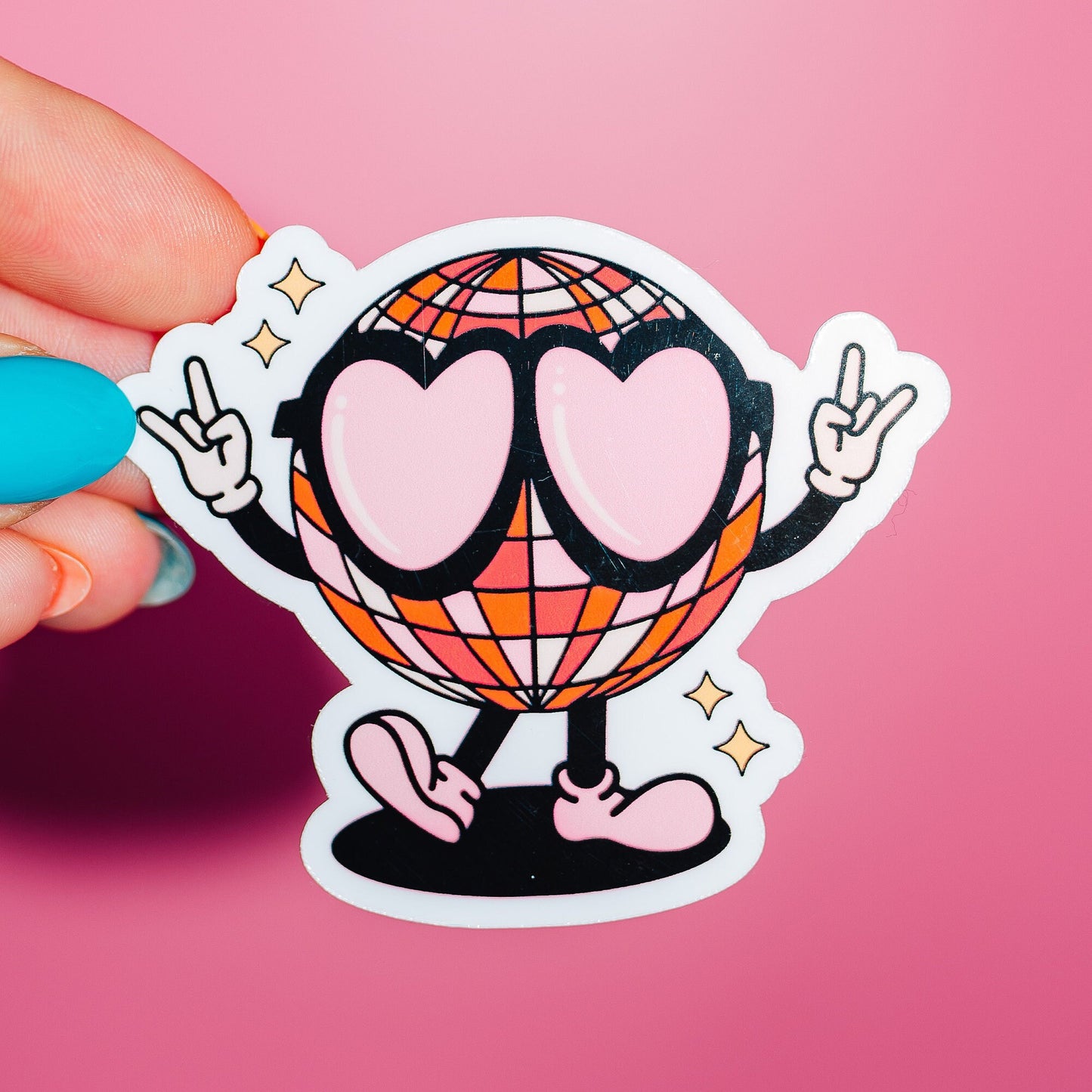 Dancing Disco Ball Sticker, Retro Pink Vibes, Heart Sunglasses, Rock Sign, Cute Trendy, Groovy Hippie, Funky Party, Bachelorette Gift
