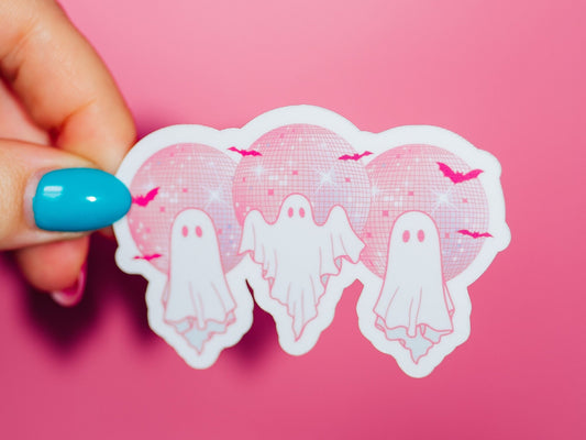 Pink Disco Ghosts Sticker, Horror Night, Halloween Spooky, Trendy Groovy, Retro Vibes, Spooky Flying Bats, Disco Cowgirl, 70's Boho