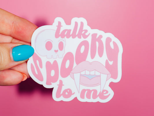 Talk Spooky To Me Sticker, Scary Season, Pink Script, Vampire Fangs, Pink Skull, Boo Basket, Trendy Cute, Funny Halloween, Horror Vibes