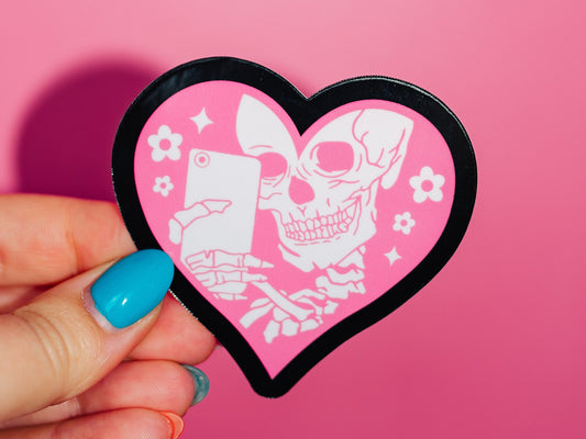 Skeleton Selfie Sticker, Pink Heart, Alt Goth, Dead Inside Punk, Horror Ghost, Halloween Spooky, Boo Basket, Cute Trendy, Sparkle Flowers